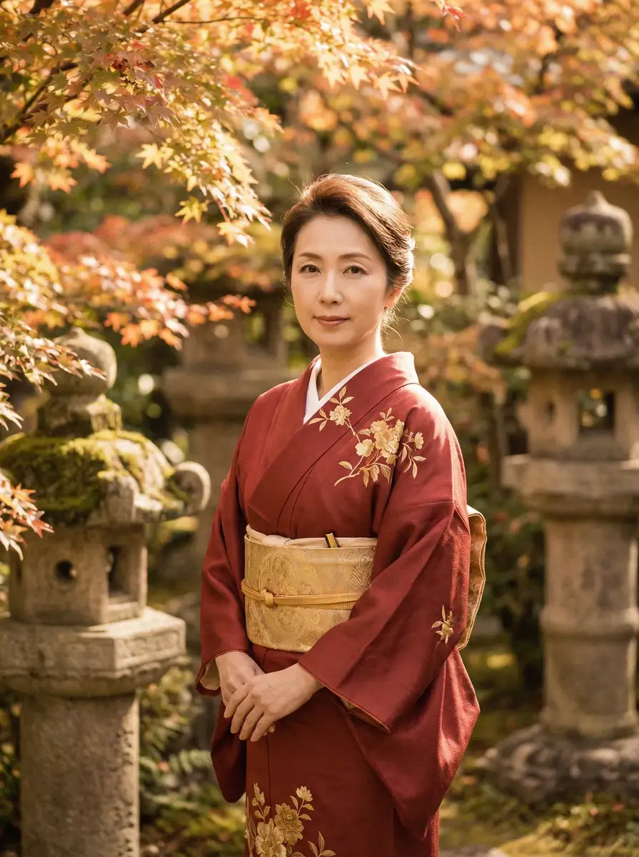 一位身穿暗红色和服的优雅 杏彩体育网站 在日式庭院中